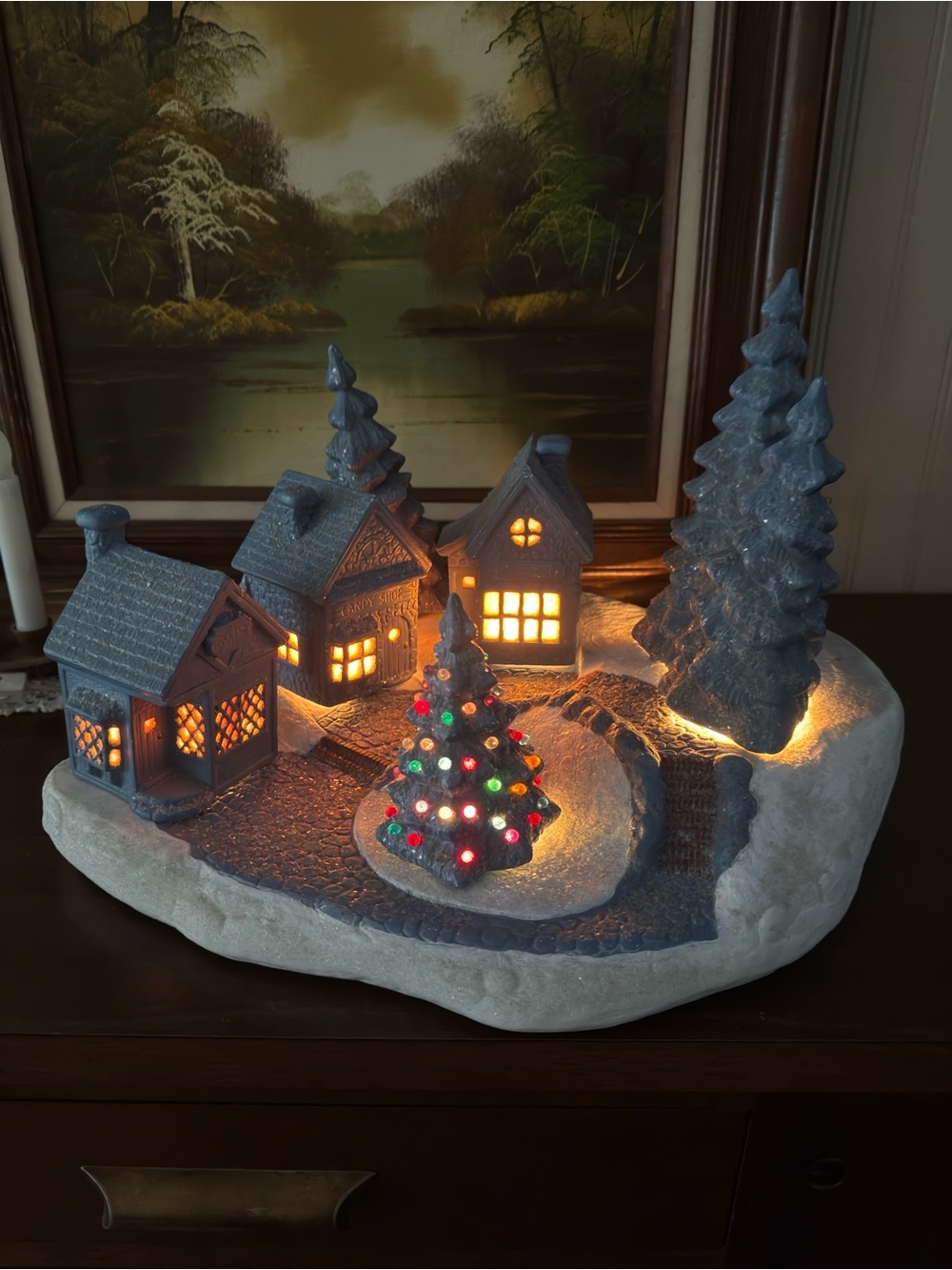 Vintage 1986 Ceramic Bisque Village Scene Light – Large Illuminated Christmas Vi